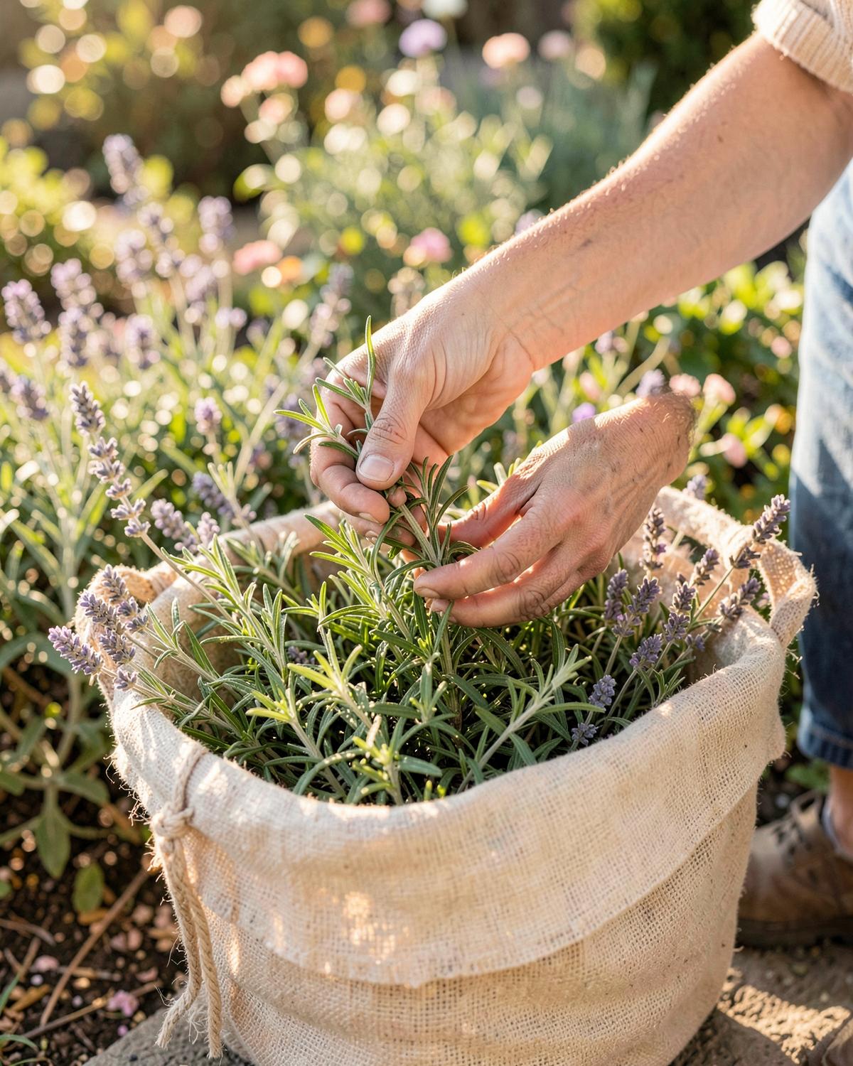 A gardener gathering rosemary and lavender